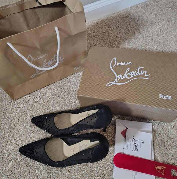 Christian Louboutin Black Mesh Crystal-Embellished Pointed Pumps - Picture 6 of 7